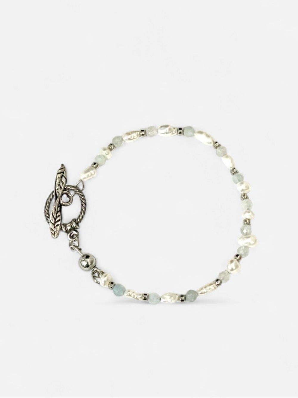 Natural Aquamarine Rice Pearl Bracelet Silver Toggle Clasp Fairycore Bridal
